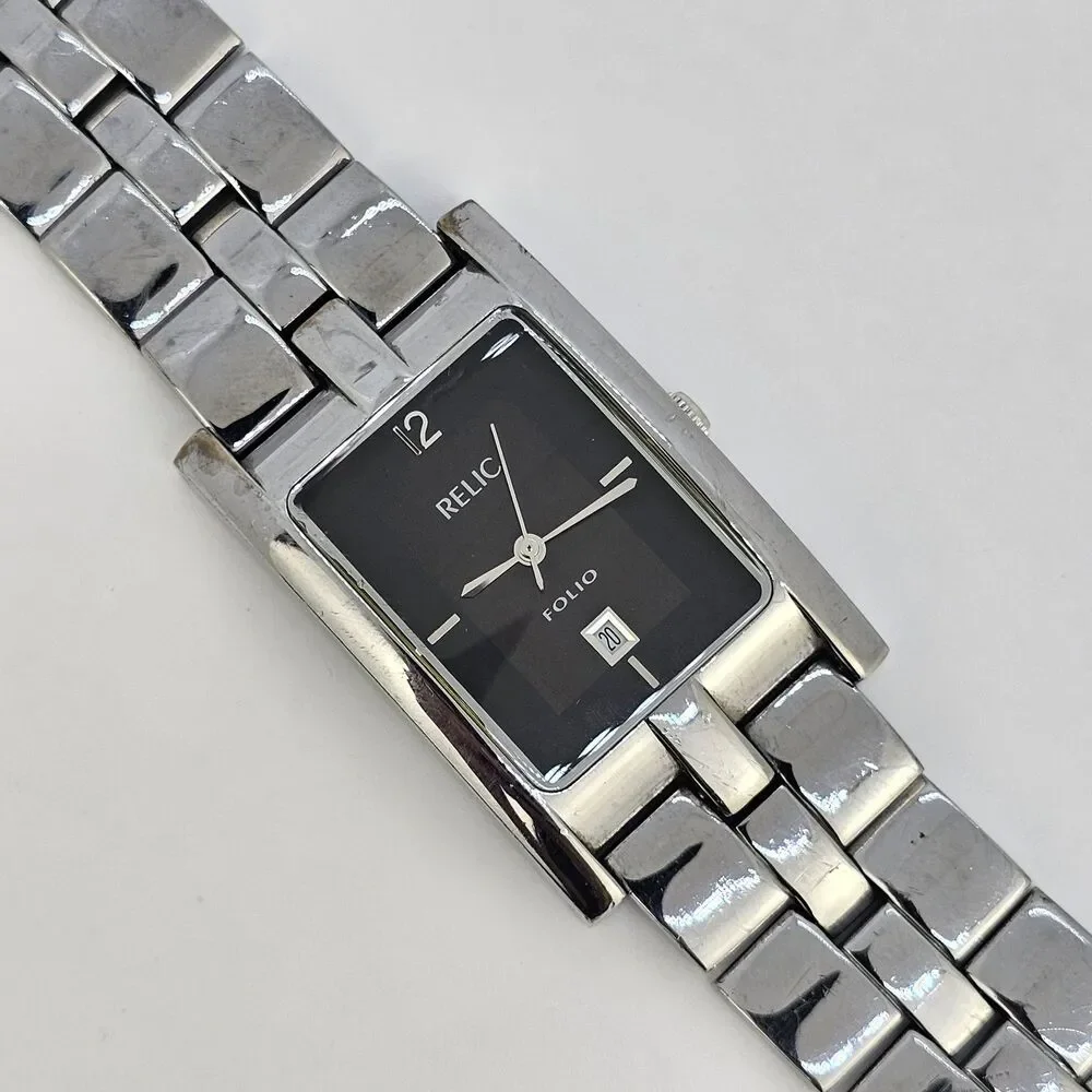 Relic‎ Tank Watch Men 27mm ZR77044 Silver Tone Black Dial Date New Battery 7.5